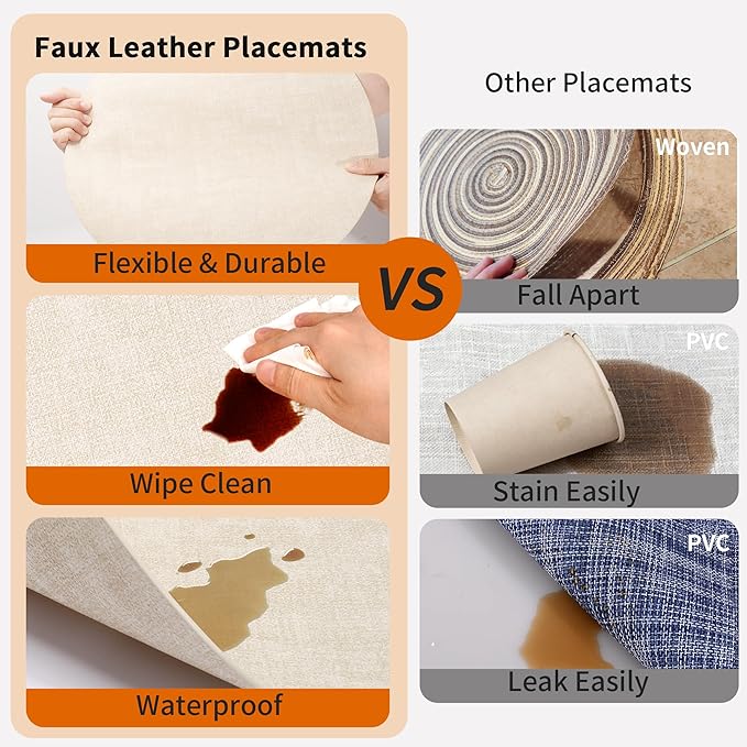 Maxpearl Faux Leather Round Placemats Set of 6, 13.8 inch, Beige | Waterproof, Heat Resistant, Non Slip, Wipe Clean Dining Table Place Mats, Suitable for Indoor & Outdoor Use, Table Settings