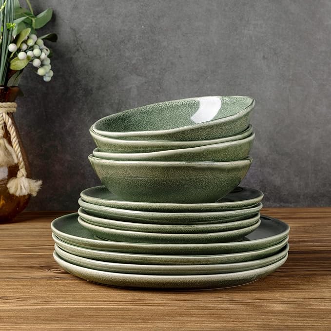 AmorArc Ceramic Dinnerware Sets for 8, 24Pcs Plates and Bowls Sets Dishes | Stoneware Handmade Reactive Glaze Dinner Set, Highly Scratch Resistant | Dishwasher & Microwave Safe Dishware