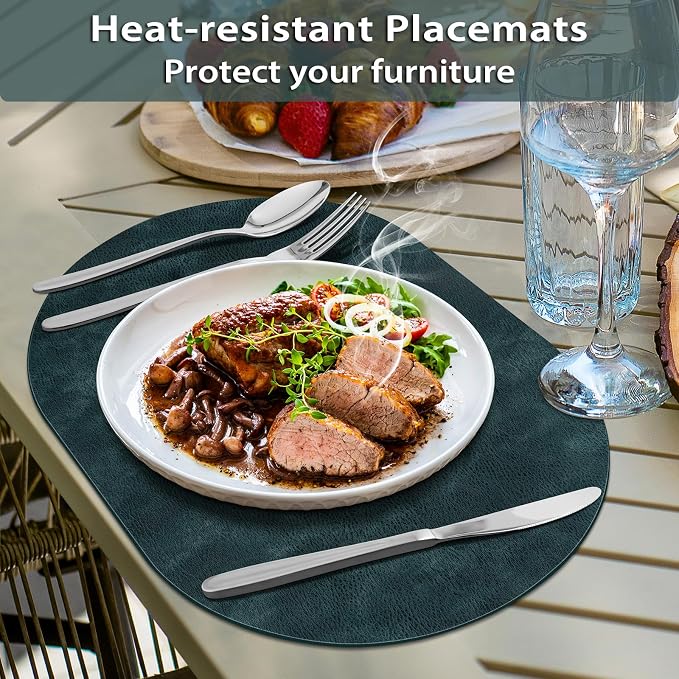 ADRIMER Placemats, Heat Resistant Oval Placemats Set of 6 Washable 12 x 17 Inch, Waterproof Table Mats, Wipeable Pu Place Mats for Kitchen, Dining Room, Dark Blue