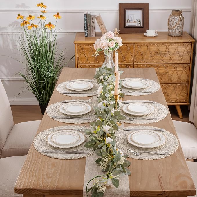 SHACOS 15 inch Round Braided Placemats Set of 12 for Dining Table Woven Boho Place Mats Kitchen Placemat Washable Table Mats, Ivory Bordered