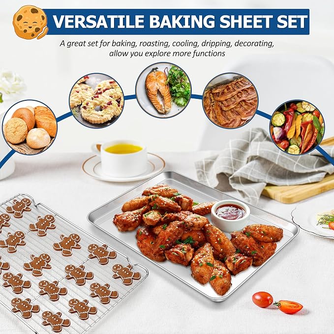 TeamFar Baking Sheet with Cooling Rack Set, 17.6 x 13 x 1 inch | Stainless Steel Half Size Baking Pan Cookie Sheet with Baking Rack, Non Toxic & Heavy Duty, Mirror Finish & Dishwasher Safe
