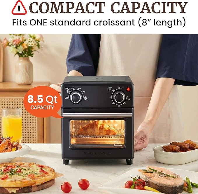 Elite Gourmet Compact Mini Air Fryer Oven, 8.5Qt, 800W, Black | Adjustable Time & Temperature Controls - Includes Air Fry Basket, Bake Pan & Recipes - Great for Countertop Use