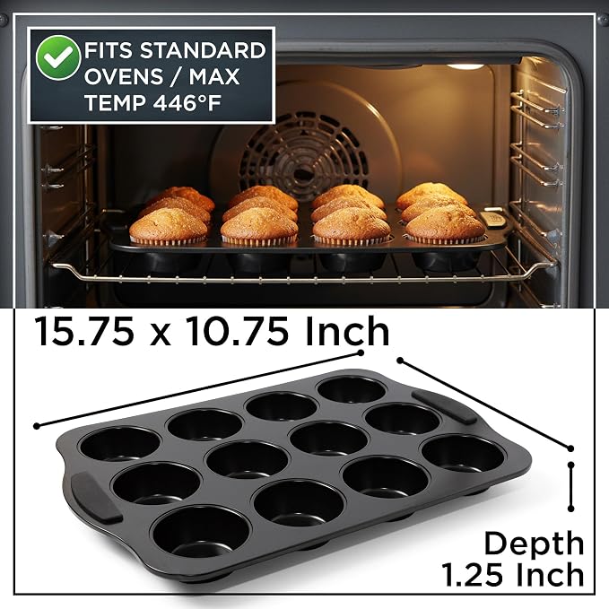 Wrenbury Set of 2 Nonstick Muffin Pan 12 Cup – Deep Cupcake Yorkshire Pudding Tin, PTFE & PFOA Free Carbon Steel, Warp Resistant Baking Tray for Even Bakes