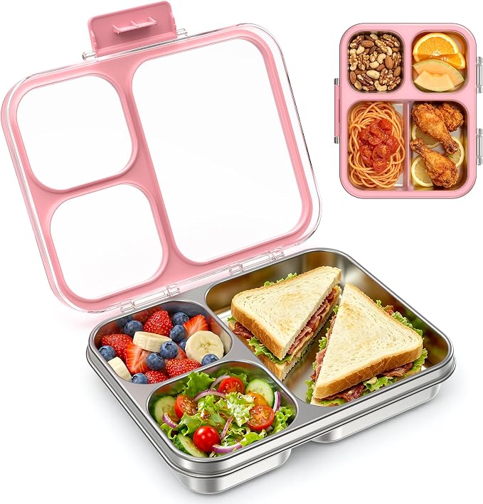 LOHASOK Stainless Steel Bento Lunch Box, 34oz/1000ml, Pink | 3-Compartment, Leak Proof, Lightweight, Clear Plastic Lid, for Kids Adults, BPA/BPS Free, Dishwasher Safe