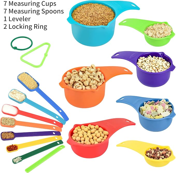 Measuring Cups and Spoons Set, Plastic Measuring Cup Set 15, Mixing Color Dry Measure Cups Spoons, 7 Measuring Cups & 7 Spoons, Kitchen Measure Cup Spoons for Cooking & Baking