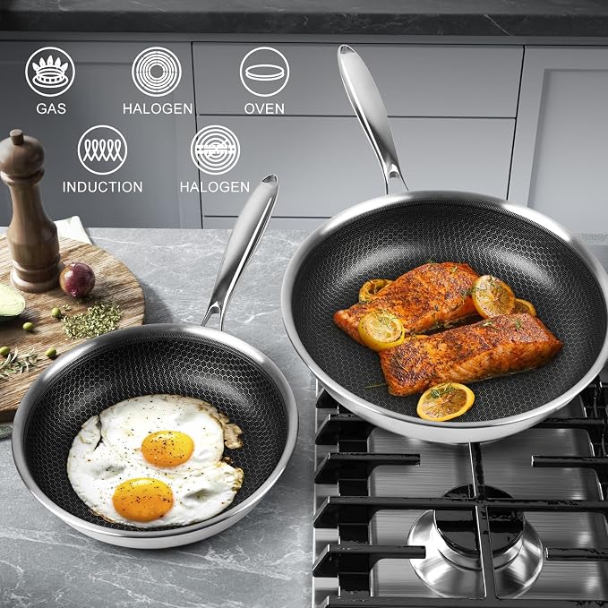 Innerwell Non Stick Frying Pans, Stainless Steel Pan Set with Lid | Honeycomb nonstick coating, PFOA-free. Cool-touch handles. Compatible with All Stoves. Oven Safe&Dishwasher safe.