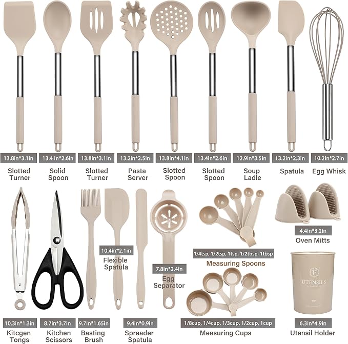 QMVESS Silicone Cooking Utensils Set, 28 Pcs Non-Stick Kitchen Utensils Set with Holder, 446°F Heat Resistant Spatula, Tongs, Spoons Set with Stainless Steel Handle Kitchen Gadgets (Khaki)