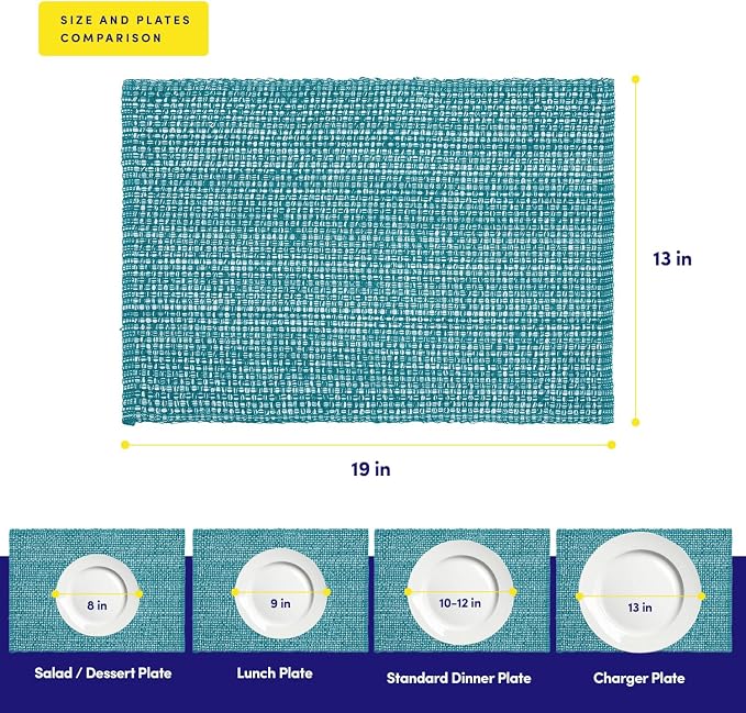 Sweet Home Collection 100% Cotton Placemats for Dining Room Rectangle Two Tone Woven Fabric 13" x 19" Soft Durable Table Mat Set, Set of 6, Turquoise
