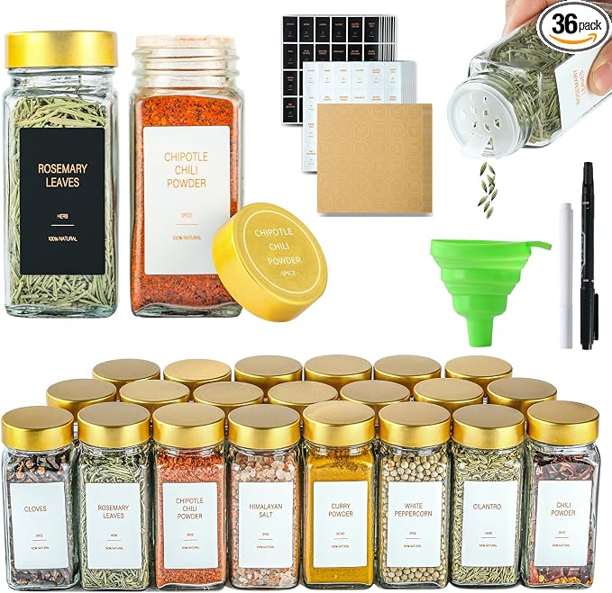 Gold Spice Jars with Label，4oz Seasoning Containers, Glass Spice Bottles with Shaker Lids,Funnel, Chalk Pen for Cabinet，Drawer，Rack (36)