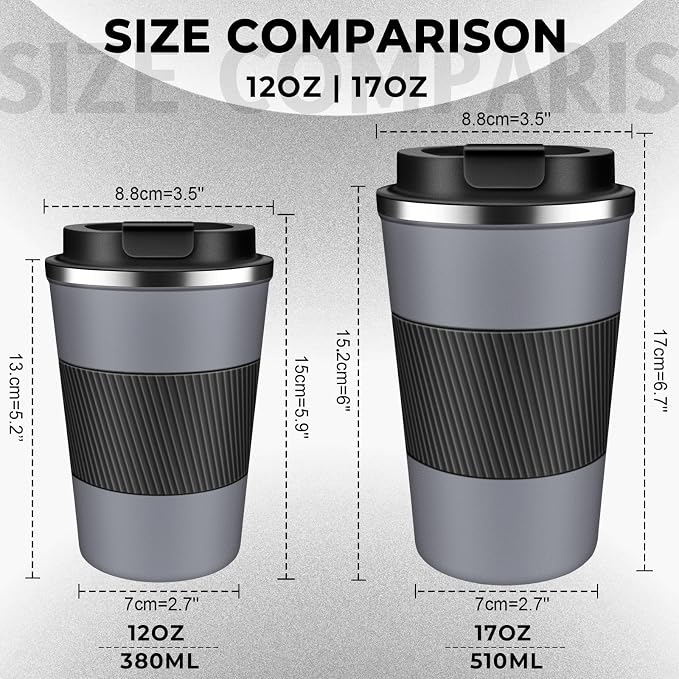 Insulated Coffee Tumbler 17 oz, Stainless Steel Coffee Mug with Lids, Travel Coffee Mug Leak Proof, Double Wall Vacuum Insulated Reusable Iced Coffee Cup, Keep Drinks Hot and Cold (Gray, 17 Ounces)