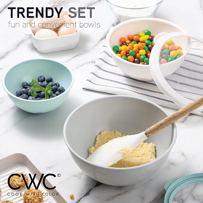 COOK WITH COLOR Mixing Bowls with TPR Lids - 12 Piece Plastic Nesting Bowls Set includes 6 Prep Bowls and 6 Lids, Microwave Safe Mixing Bowl Set (Mint)