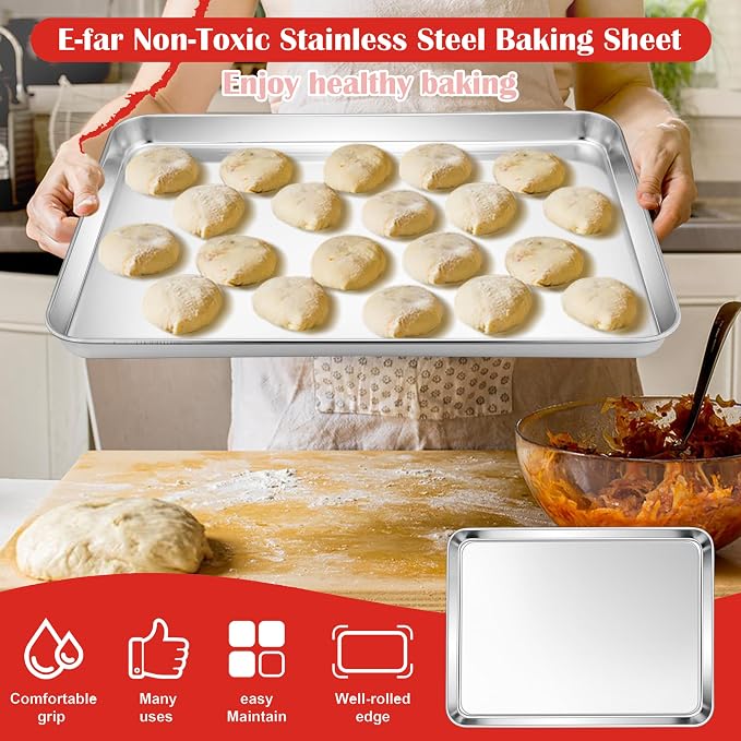E-far Cookie Sheet for Baking, 18"x13" Stainless Steel Baking Sheet | Large Non Toxic Baking Pan Tray for Cake Cookies, Healthy & Rust Free, Mirror Finish & Dishwasher Safe