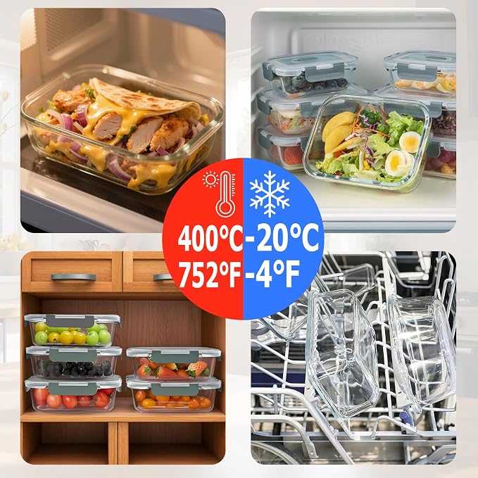 3 Packs 36oz Glass Food Storage Containers with Lids, Stackable Borosilicate Glass Bowls Meal Prep Lunch Containers Microwave Oven Freezer Safe (Gray-3)