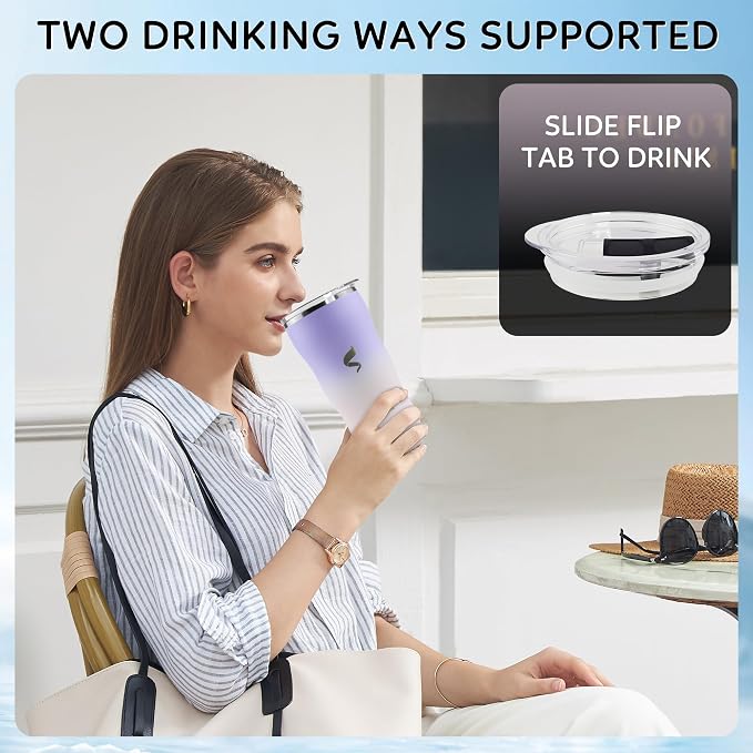 20 oz Insulated Tumbler, Straw and Flat Lids,White Pouple | 18/8 stainless steel, double-wall vacuum insulation, BPA-free materials, reusable straw, for everyday hot and cold drinks.