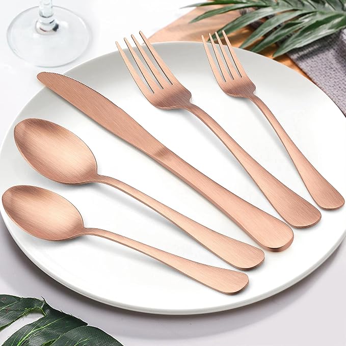 LIANYU 40 Piece Matte Copper Silverware Set, Rose Gold Flatware Set for 8 | Stainless Steel Cutlery Set, Fancy Kitchen Utensil Tableware for Home Restaurant Party, Satin Finish, Dishwasher Safe