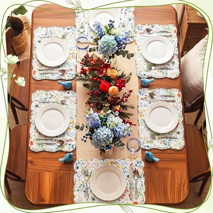 Quilted Placemats Set of 6, 18" x 13" Large Scalloped Cotton Placemat Washable Cloth Flowers Table Mats for Summer Party Kitchen Dining Farmhouse Cottagecore Decor(Wildflowers)