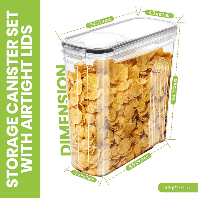 Utopia Kitchen Cereal Containers Storage Set with Lids, 6 Pack, 4L, Clear | Airtight Food Storage Containers with Lids, BPA-Free Cereal Dispensers for Pantry Organization and Storage