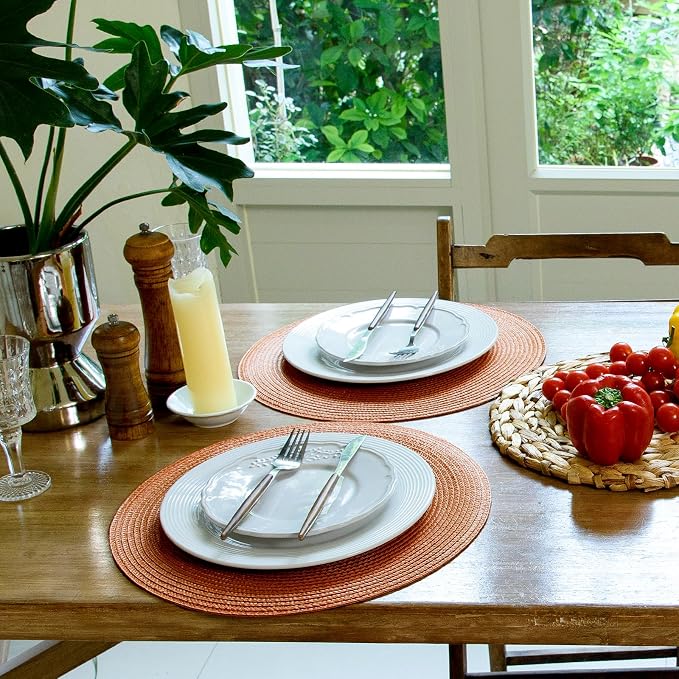 FunWheat Round Braided Placemats Set of 8 Table Mats for Dining Tables Woven Washable Non-Slip Place mats 15 inch(Pumpkin Orange,8pcs)