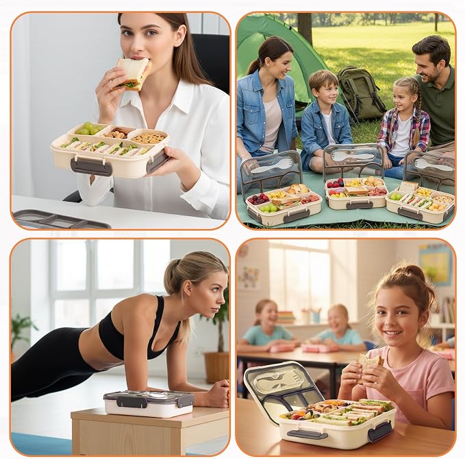 Bento Box for Adults, 4 Compartments Lunch Box, Lunch Containers, Beige