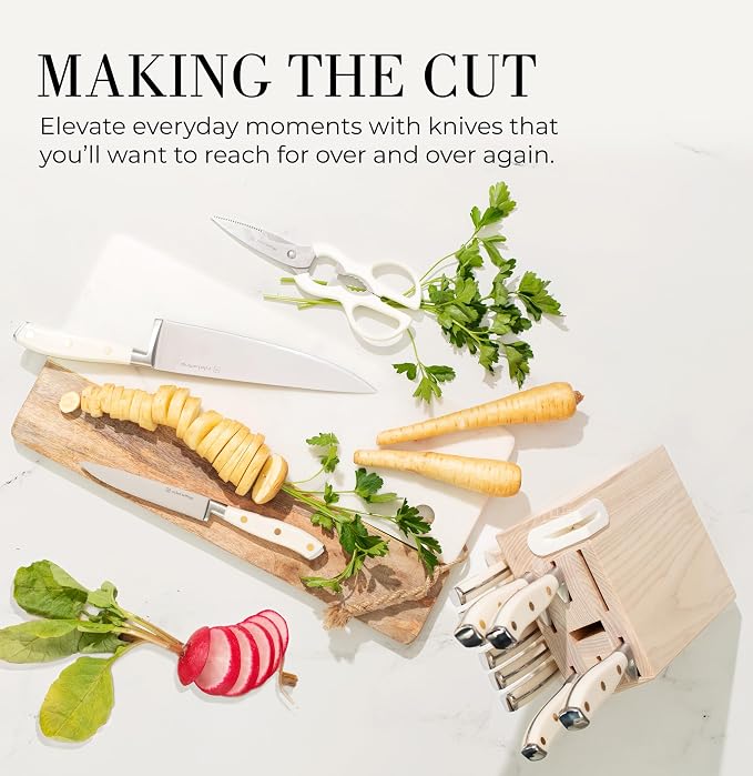 Styled Settings White Knife Set with Block and Sharpener, 14-Piece | Ultra-Sharp High Carbon Stainless Steel Knives with Gold Triple Rivet White Handles and Ashwood Knife Block