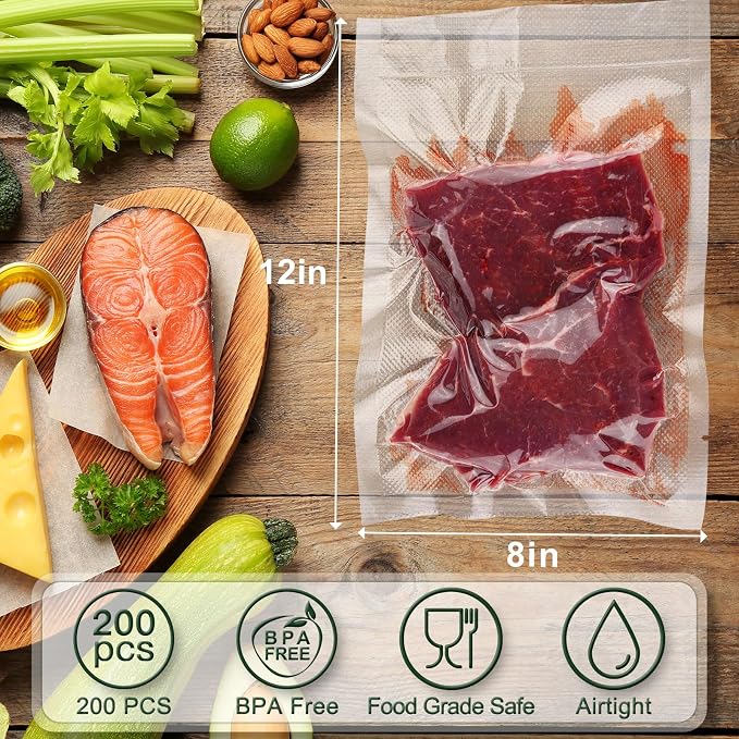 Vacuum Sealer Bags for Food - 200 Quart 8'' x 12'' Pre-Cut Food Saver Bags Quart Size, Heavy Duty Vacuum Bags for Food, BPA Free Vacuum Seal Bags for Freezer Storage, Seal a Meal or Sous Vide