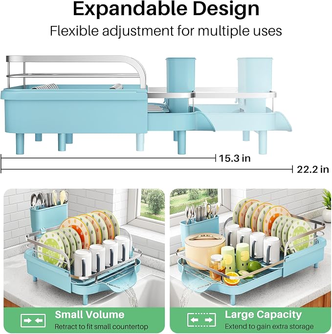 SAYZH Expandable Dish Drying Rack for Small Kitchen Counter, Blue | Stainless Steel, Protective Guardrail, Angled Drainboard, Fits High-Rim Sinks, Removable Utensil Holder