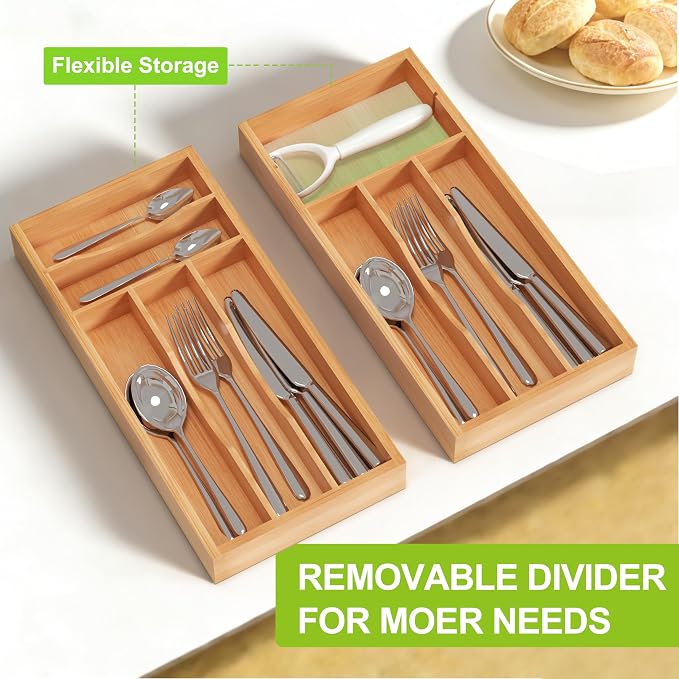 Unibambou Bamboo Kitchen Silverware Organizer with Removable Divider, Small | 4/5 slots flexible, Natural kitchen drawer cutlery organizer, Utensil holder, Flatware organizer tray, 6.7"W x 14"D x 1.6"H