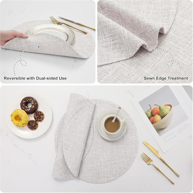 Cotton Linen 15 Inch Round Cloth Place mats, Set of 12, Beige | Washable Table Mats, Heat Resistant, Reversible, Wipeable Place Mats for Indoor Outdoor