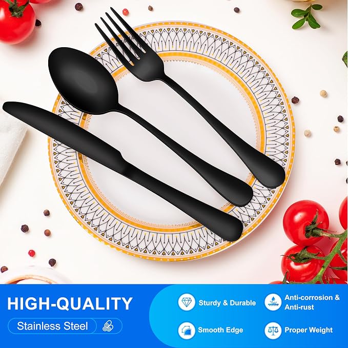 20-Piece Black Silverware Set for 4, Stainless Steel Flatware Set with Spoons Forks and Knives, Dishwasher Safe Cutlery Set for Home Kitchen Restaurant
