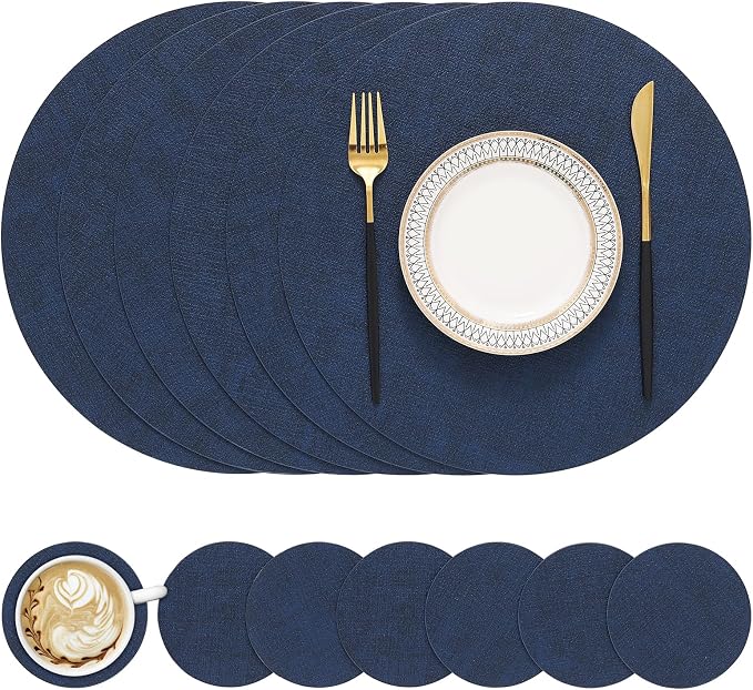Round Faux Leather Placemat and Coaster 6 Packs, Washable Heat Resistant Dining Place Mats, Wipeable Double-Sided Table Mats for Indoor and Outdoor, Diameter 13 and 3.93 inch, Navy