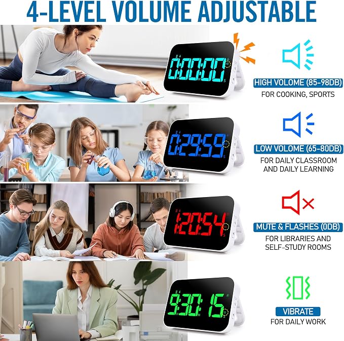 Kitchen Timer （1.5" Number） 10 RGB Color Changing Digital Magnetic Timer, Countdown/Up, Rechargeabilit, 3 Brightness Display, 3 Volume Levels and Vibration Mode, for Classroom, Study, Fitness