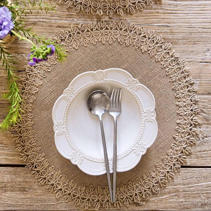 FunWheat Burlap Round Braided Placemats Set of 12 for Dining Tables 15 Inch Heat Resistant Jute Table Mats Farmhouse Woven Fabric Natural Place mats (Brown Jute Lace)