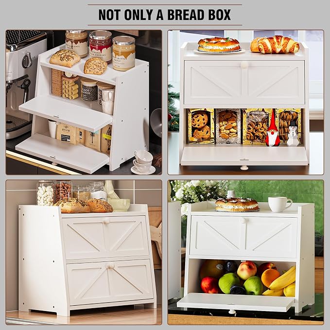 Trironsun Vintage Double Layer Bread Box for Kitchen Counter Bamboo Bread Storage Container Large Capacity Bread Storage Bin (White)