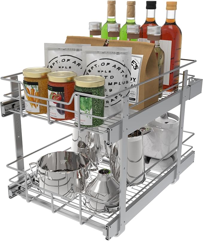 2 Tier Pull Out Cabinet Organizer 15" W X 22" D, Chromed, Full Slide Out | For Kitchen Organizers and Storage, Pull Out Drawers For Cabinets Capacity Heavy Duty Caddy, Cabinet Shelves, Bathroom Pantry