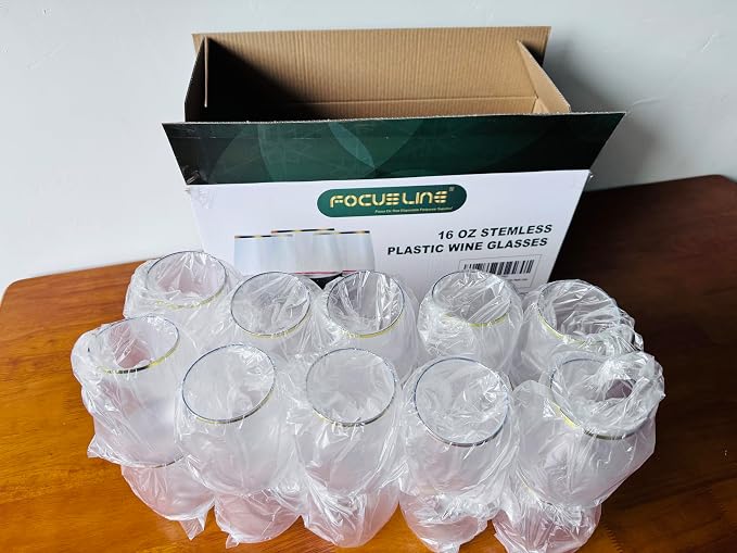 FOCUSLINE 20pcs 16 Oz Plastic Wine Glasses, Stemless Gold Rim, Heavy Duty Disposable Drinking Cups, Reusable Shatterproof for Party & Wedding | Thick and Durable, Shatter-Resistant, and Reusable; Ideal for Weddings, Parties, Toasts, and Various Celebra...
