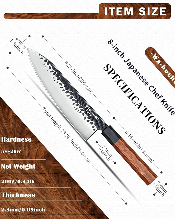 8 Inch Chef Knife, Japanese Hand Forged | High Carbon Steel Kitchen Knives with Ergonomic Rosewood Handle, Ultra Sharp Durable Gyuto Knife for Meat & Veggie Slicing