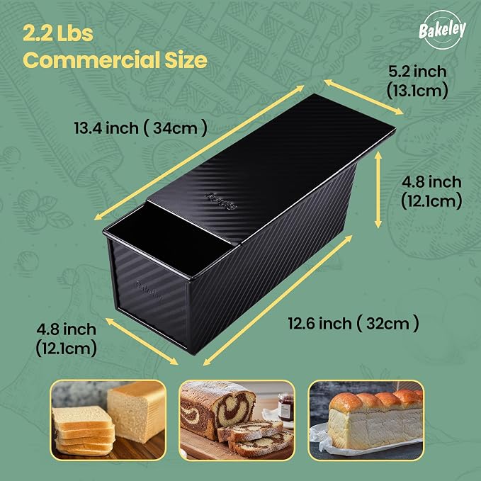 Commercial Pullman Loaf Pan with Lid, 2.2Lb Aluminum Dough Capacity Non-Stick Rectangle Corrugated Bread Toast Mold with Cover for Baking Bread (Black)