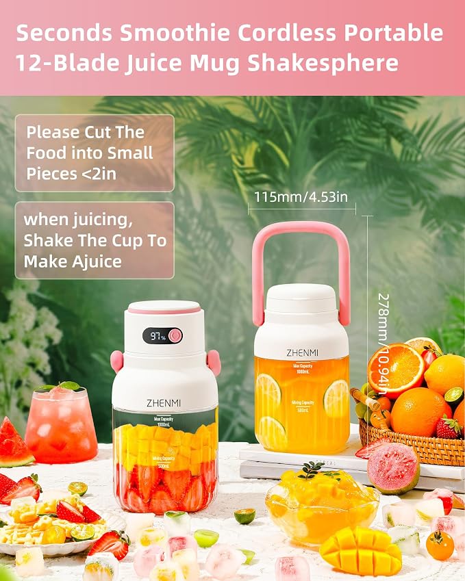 Portable Blender, Personal Blender for Smoothies & Shakes, Cordless, 33oz BPA-Free Vessel, 18000RPM Motor, Leakproof Lid with Sip Spout, USB-C Rechargeable, Easy-to-Clean Parts (Pink)