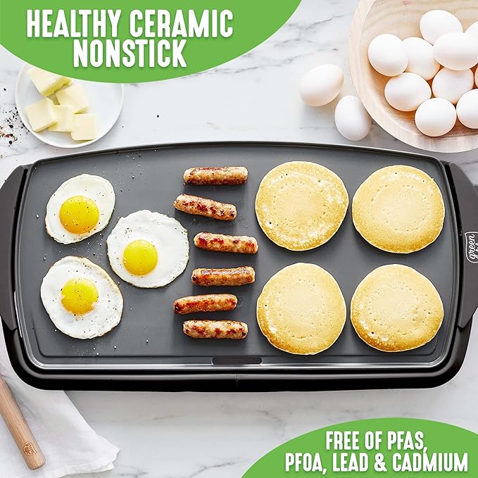 GreenLife 20" Extra Large Electric Griddle, Black | PFAS-Free Ceramic Nonstick Coating, Temperature Control, Removable Dishwasher Safe Drip Tray, Pancakes, Eggs, Omelet, Burgers
