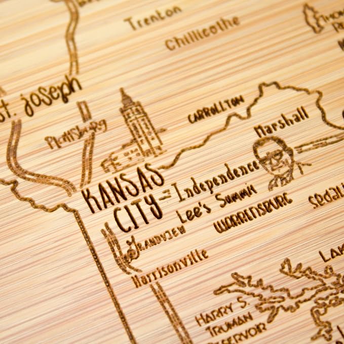 Totally Bamboo A Slice of Life Missouri Engraved Map Cutting Board | 11” x 8.75” charcuterie board with engraved state map artwork. Smooth reverse side for food prep. Hang tie for wall display.