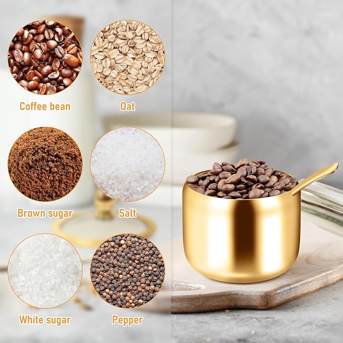 holoith Sugar Container with Glass Lid and Spoon, Gold, 10oz