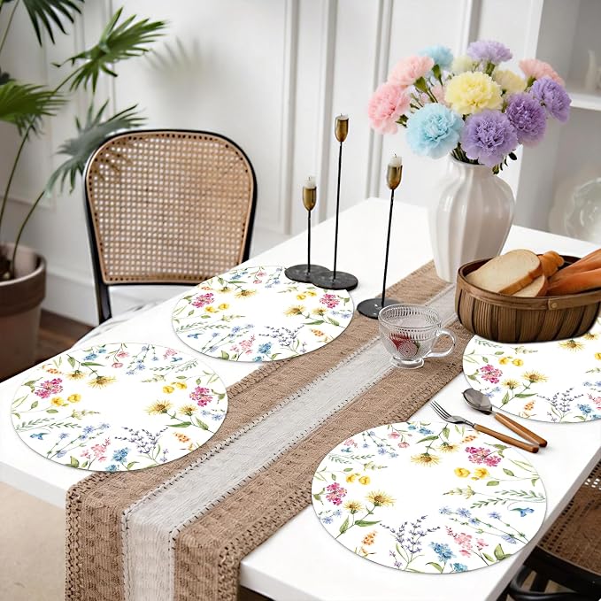 50 PCS Disposable Floral Paper Placemats Watercolor Wildflower Round Placemat Summer Table Mats for Wedding Anniversary Bride Party Supplies
