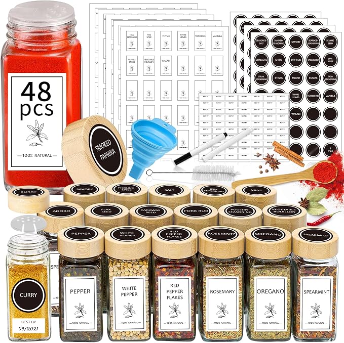 Aliggbent Spice Jars with Lable, 48 Pcs 4 oz Glass Spice Jars with Bamboo Lids, Spice Containers Bottles, Glass Seasoning Jars with Shaker Lids, Collapsible Funnel, for Spice Racks, Pantry,Cupboard