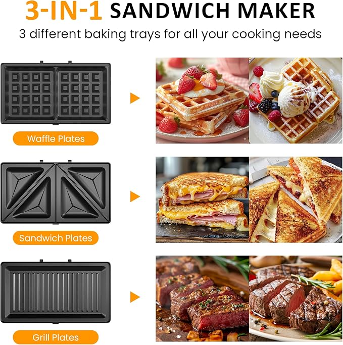 3 in 1 Electric Sandwich Maker with Removable Nonstick Plates - 800W,Black | for Belgian Waffle/Panini/Grill/Pancake Griddle/Breakfast,Dishwasher Safe,Cool Touch Handle,Easy to Clean & Store
