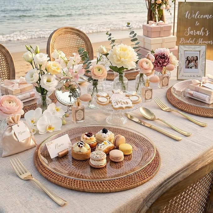 6-Pack Clear and Gold Plastic Serving Trays - 10x12 Inch Heavy Duty Oval Disposable Serving Platters for Cookie/Appetizer/Snack Party Food Display - Clear Gold Serving Trays for Party/Wedding/BBQ