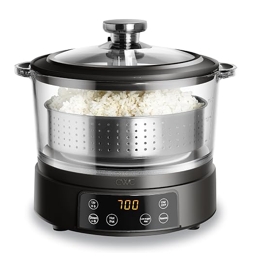 COOK WITH COLOR Glass Mini Low Carb Rice Cooker – Holds 2 Cups Raw/Makes 6 Cups Cooked with Auto Lift Filter Basket, Hotpot & Steamer for Rice, Grains, Digital Panel with Keep Warm, Black