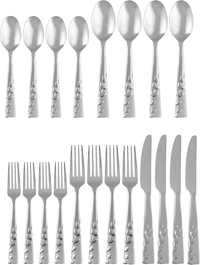Cambridge Silversmiths 268320R Blossom Sand 20-Piece Flatware Silverware Set, Service for 4, Stainless Steel, Includes Forks/Knives/Spoons, Brushed Finish