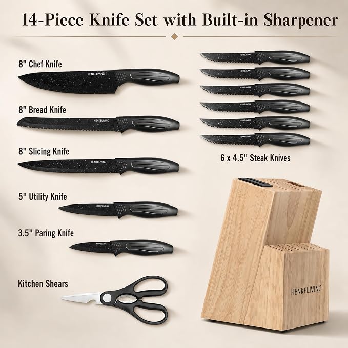 Knife Set with Built-in Sharpener Block, Dishwasher Safe | 14-Piece, High-carbon stainless steel blades, Ultra-sharp edges, Ergonomic non-slip handles, Great gift