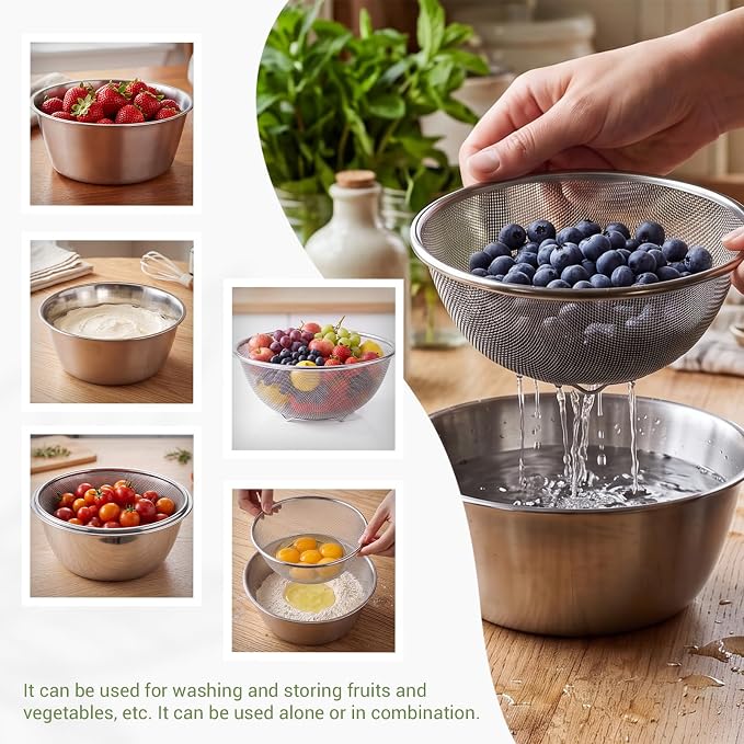 Mini Colander Food Strainer | Fine Mesh Colander with Bowl, 307 Stainless Steel, Strainer for Washing Fruits Vegetables Rice, Kitchen Cooking Prep