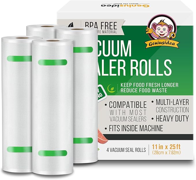 Geniusidea Food Saver Vacuum Sealer Bags 11" x 25'ft 4 Rolls | Commercial Grade,BPA Free,Heavy Duty,For Meal Prep,Sous Vide,Microwave and Freezer Safe,PE+PA